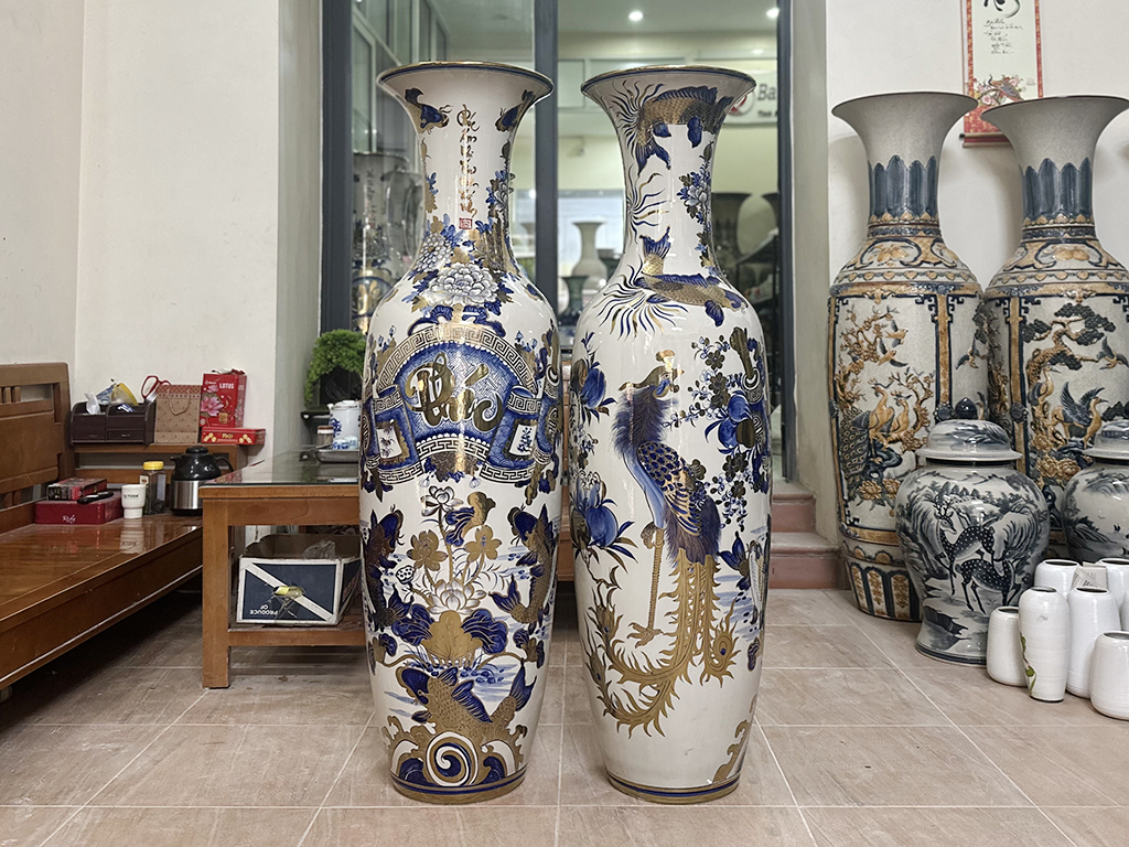 Lọ lộc bình Bát Tràng men lam Phúc Đức vẽ vàng nano 1m4 4